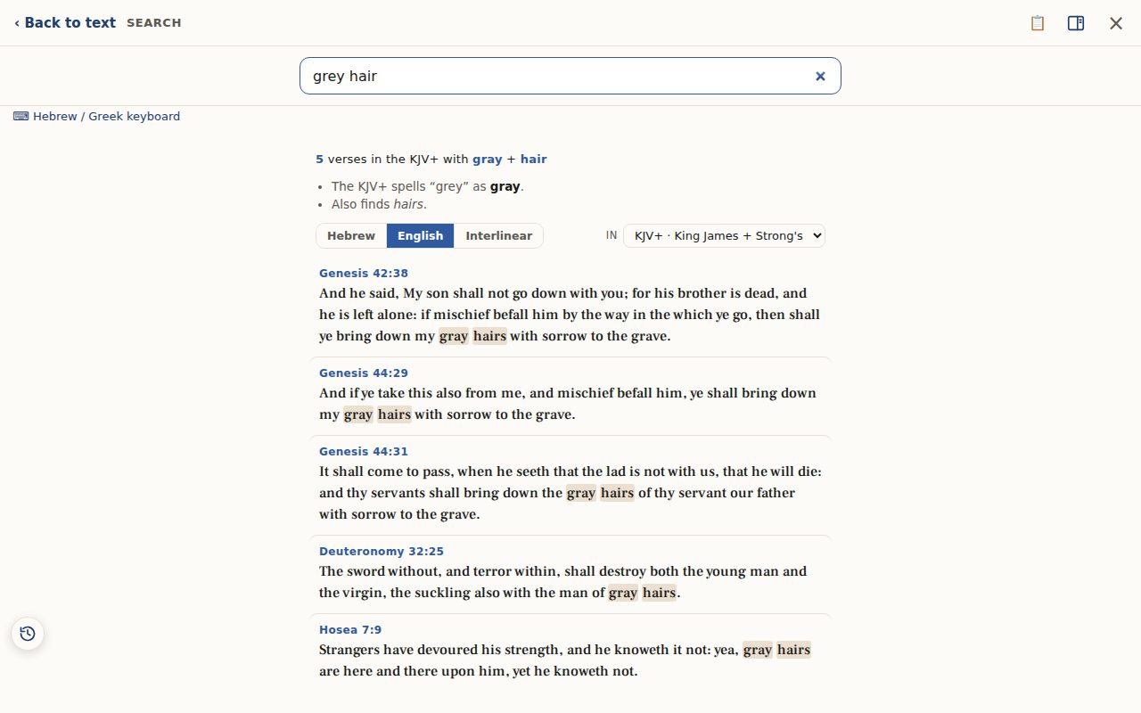 Search results for grey hair, found as gray hairs, with a note explaining the King James spelling