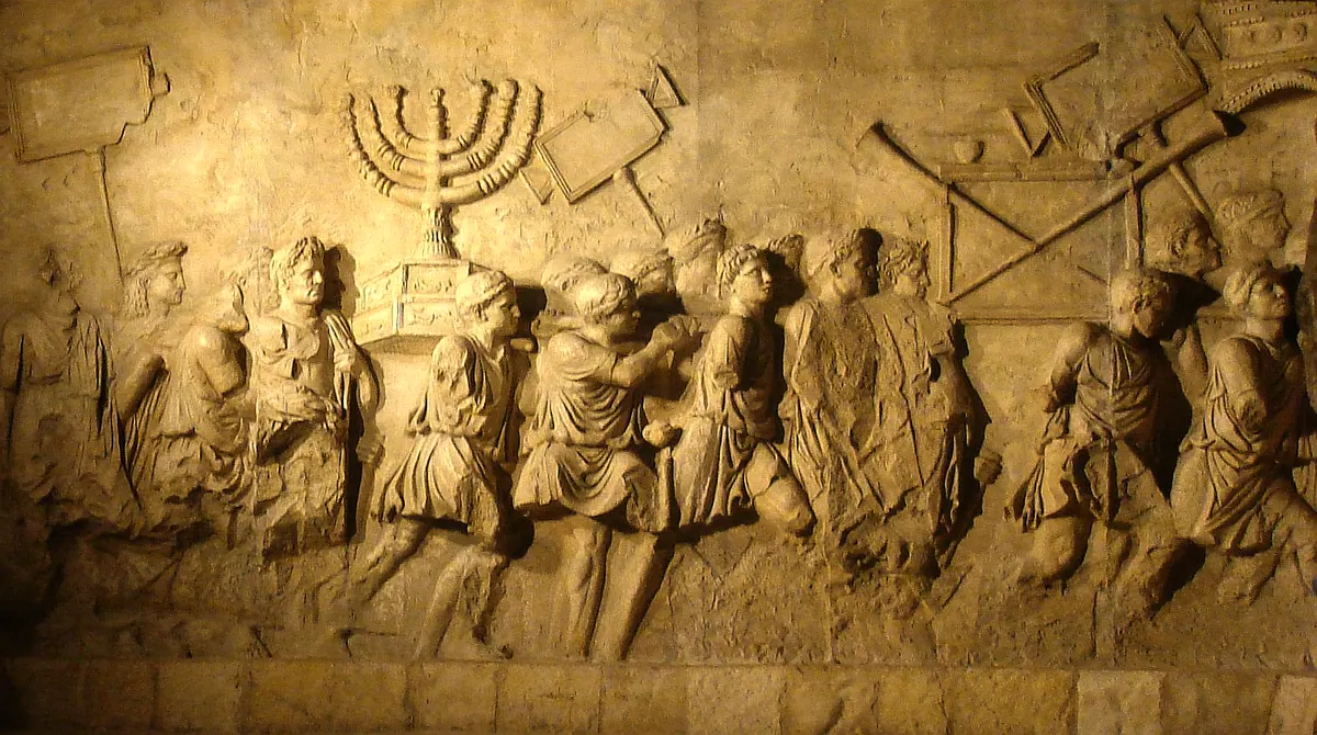 Marble relief of Roman soldiers carrying a large seven-branched lampstand
