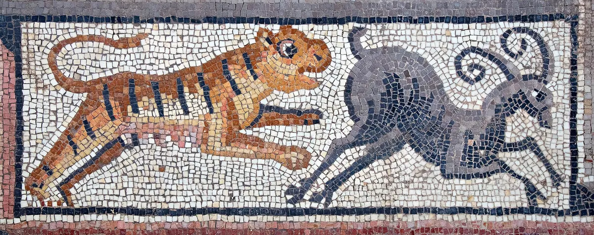 Colorful mosaic of Samson with foxes, from the Huqoq synagogue