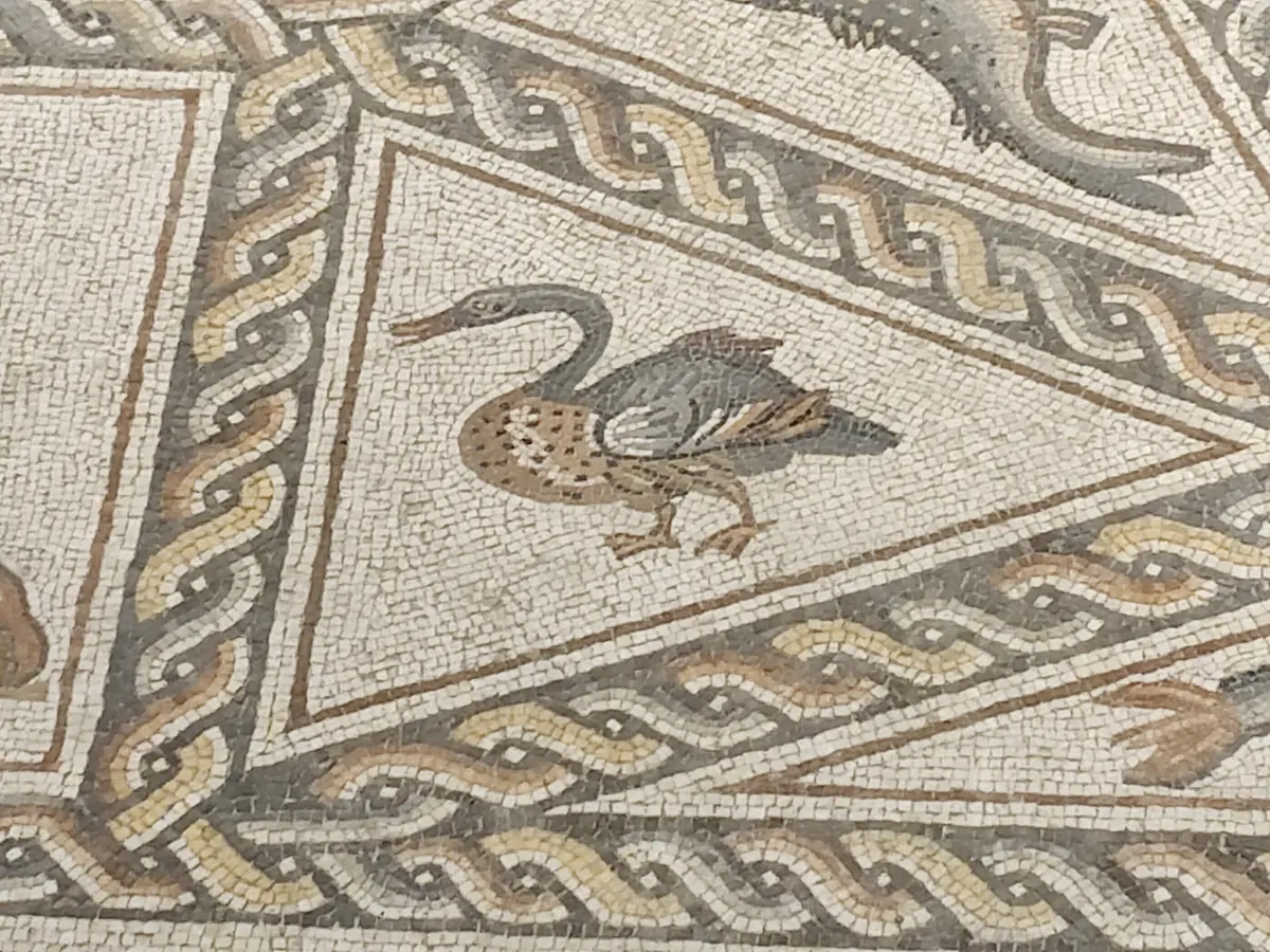 Roman mosaic of lions, giraffe and fish
