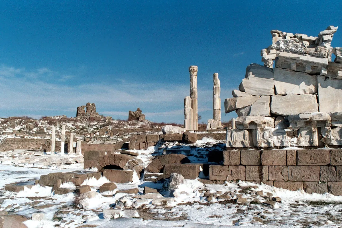 White marble Corinthian columns of a Roman temple on a hilltop