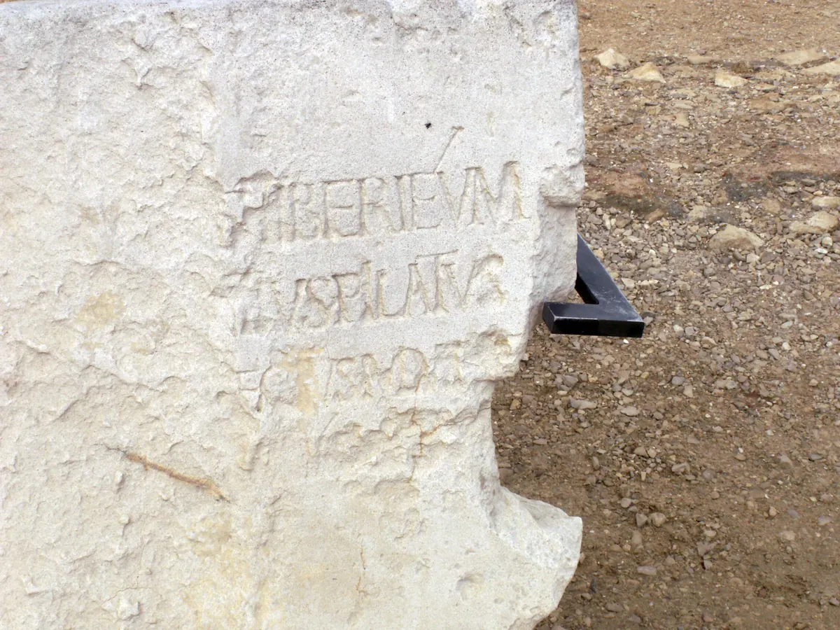 Limestone block with partly preserved Latin inscription naming Pontius Pilatus
