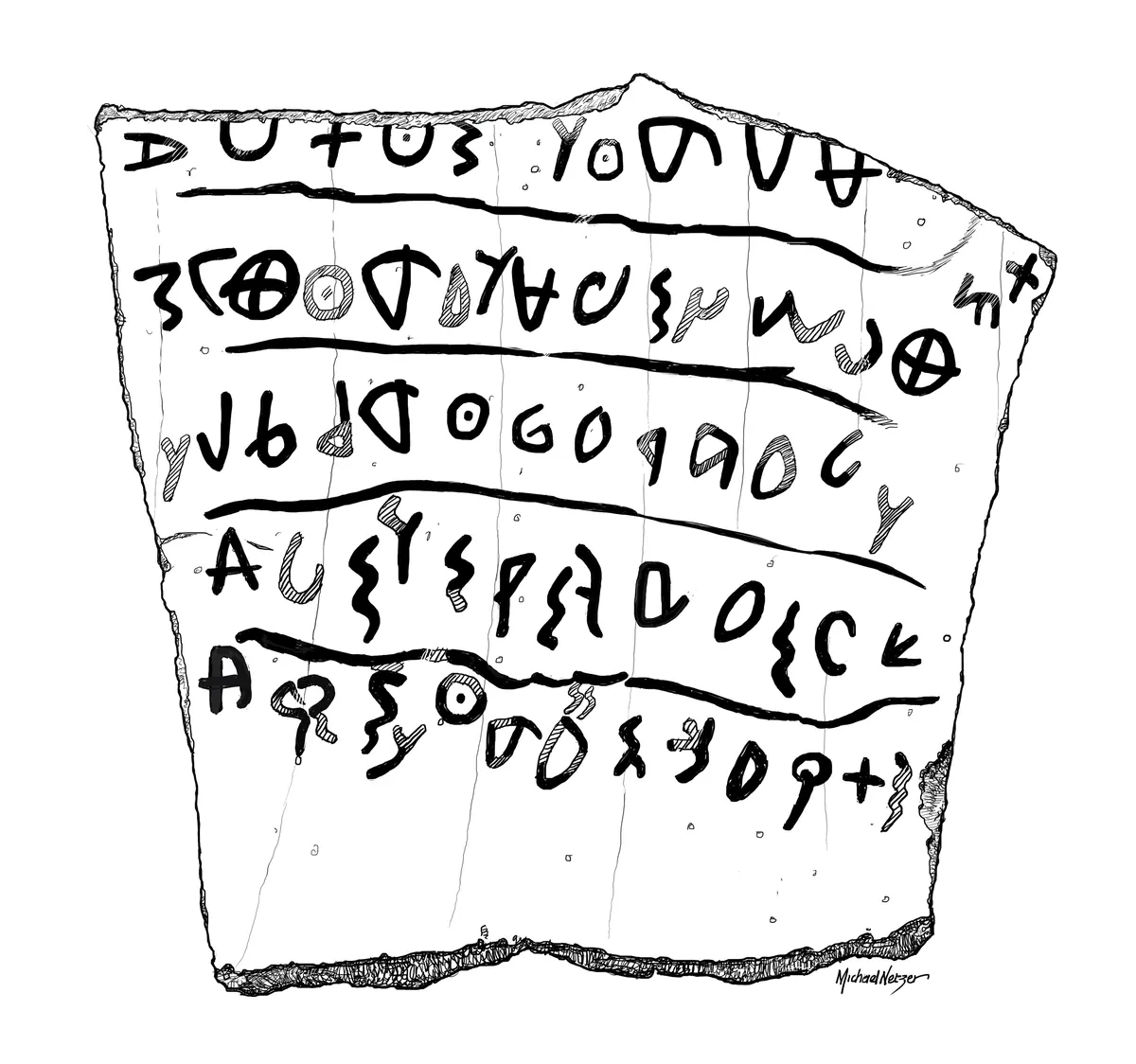 Trapezoid pottery sherd with faded lines of ancient alphabetic script