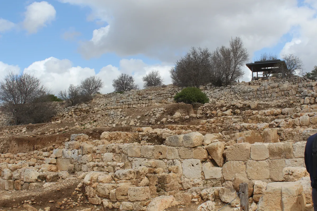 Stone walls of excavated ruins at Tel Shiloh under a bright sky