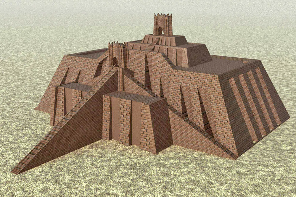 Large stepped brick platform with a central staircase in the desert